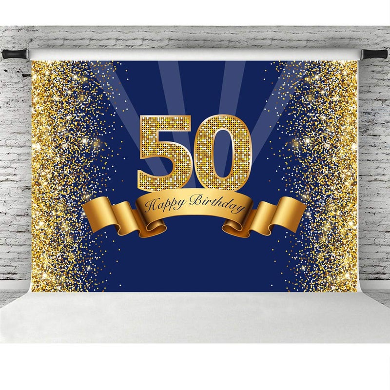 LoveInM Happy 50th Birthday Backdrop Navy Blue and Glitter Gold Photography Background Shiny Adult Men Fifty Years Old Age Birthday Party Decorations Supplies Photo Banner Photobooth Props 7x5ft - Image 5
